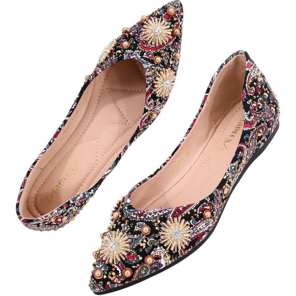 🆕Women's Flats Shoes Red Fabric Rhinestone Pointed Toe Comfort Bowknot Ballet